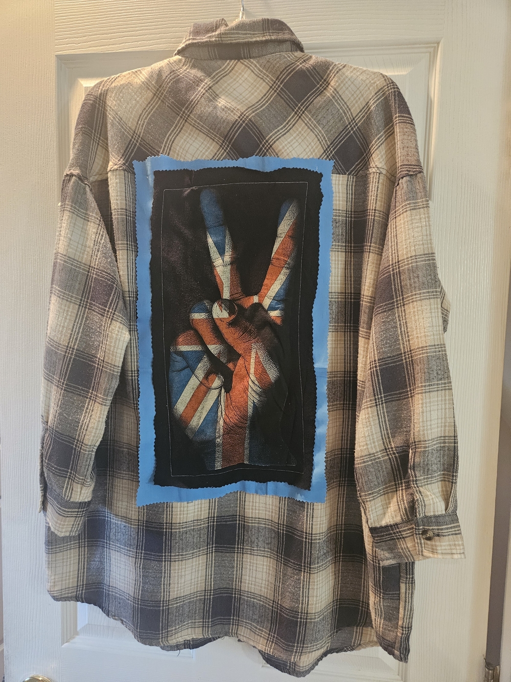 Upcycled Plaid Flannel Shirt with Graphic Back - Blue/Tan